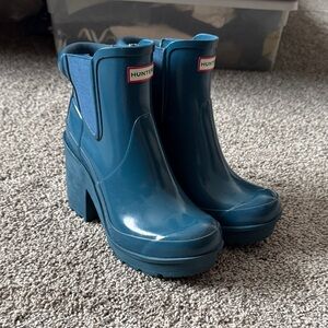 Hunter Teal Chunky Heel Waterproof Rain Boots